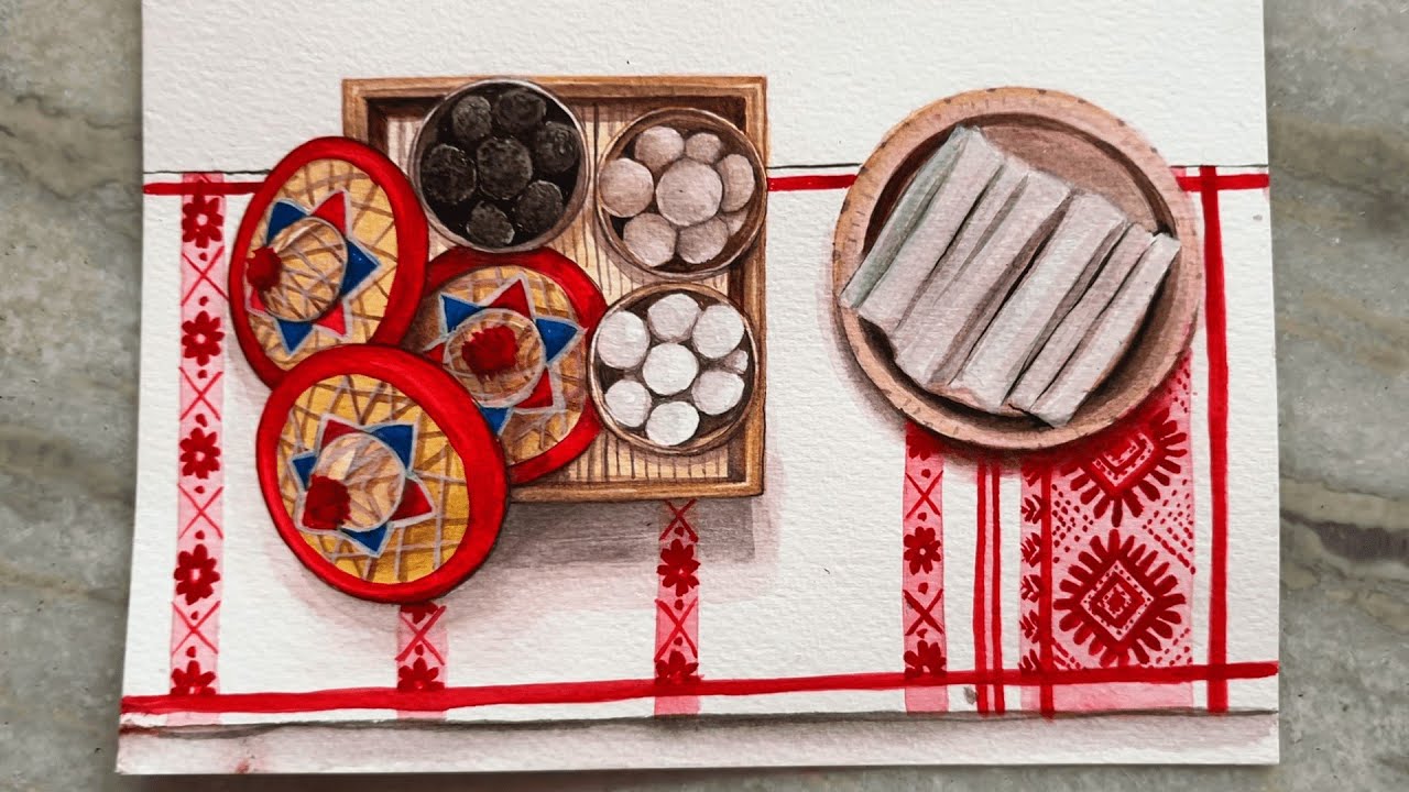 Assamese Laddoo Pitha Drawing Tutorial | Bihu Drawing -Watercolor