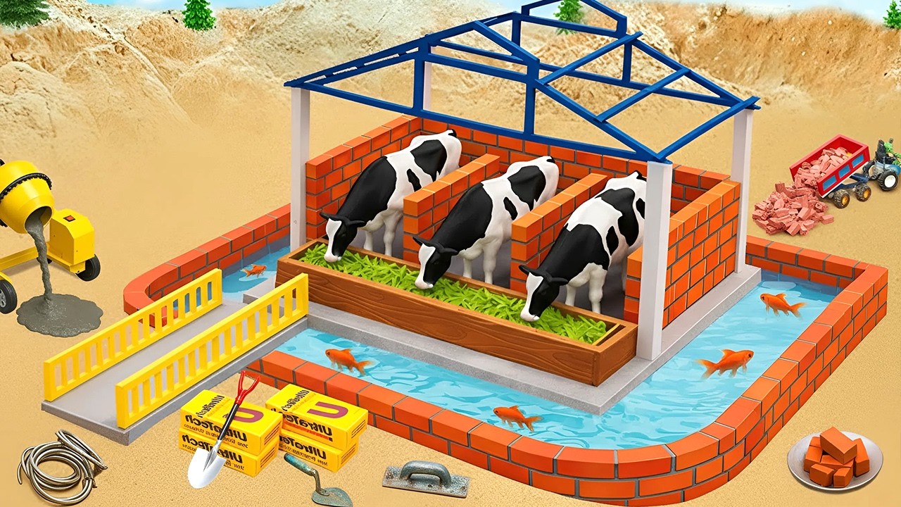 DIY Mini Tractor Builds a 3-Compartment Cow Barn with Surrounding Water Channel  | Science Project