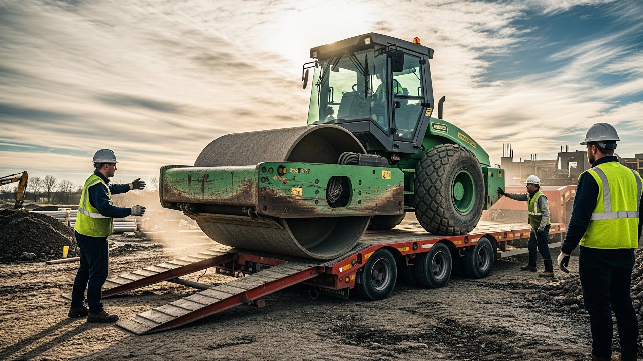 Heavy Road Roller Unloading &ndash; Amazing Machinery Transport