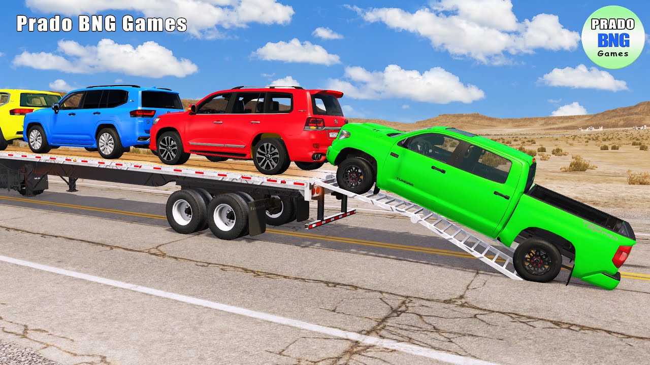 Toyota, Mercedes, трактор и грузовик с платформой против поезда – BeamNG.drive 426