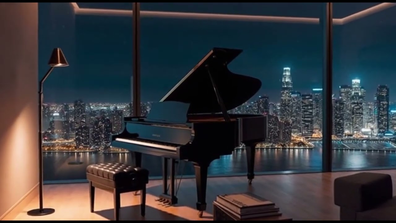 Romantic Smooth Jazz Piano | Luxury High-Rise Night with Falling Snow
