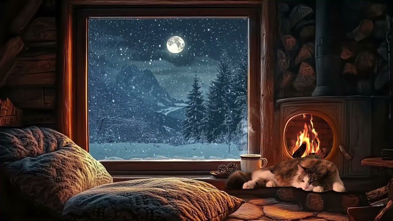 Full Moon Snowfall ❄️ Cozy Fireplace & Sleeping Cat | No Ads Sleep – 3 Hours