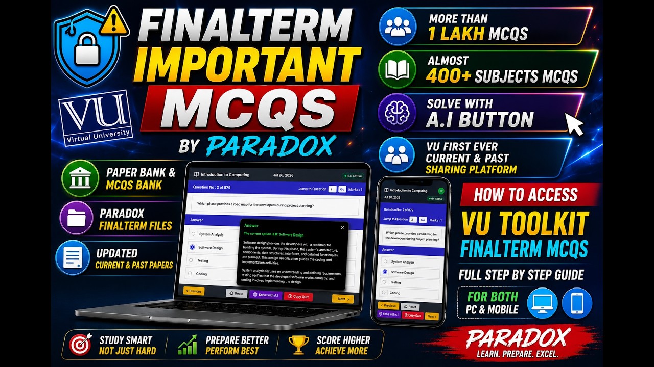 VU Finalterm Important MCQs by Paradox | Finalterm Past & Current Papers | VU Toolkit Extension