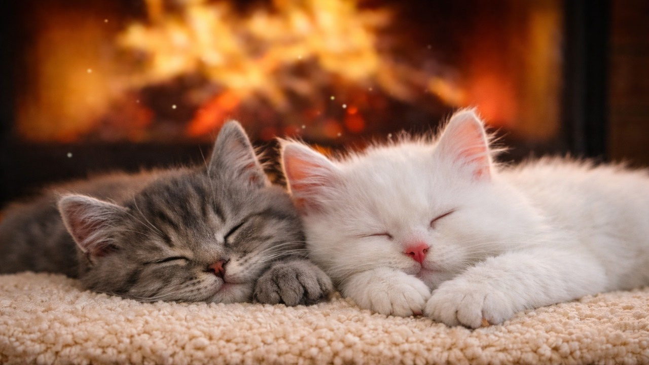 3 HOURS Cat Sleep Music 💤 Cozy Fireplace Ambience  | Warm Piano + Soft Pad
