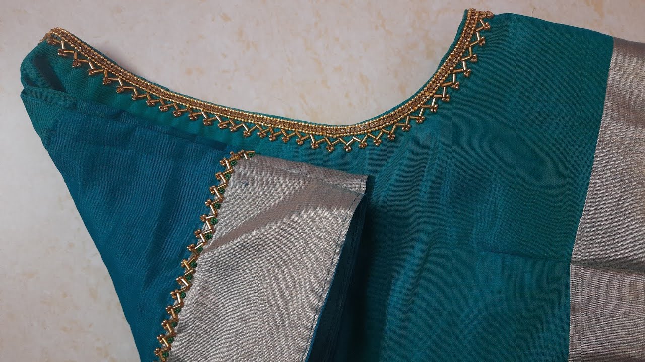 Simple aari work blouse design on stitched blouse using normal needle