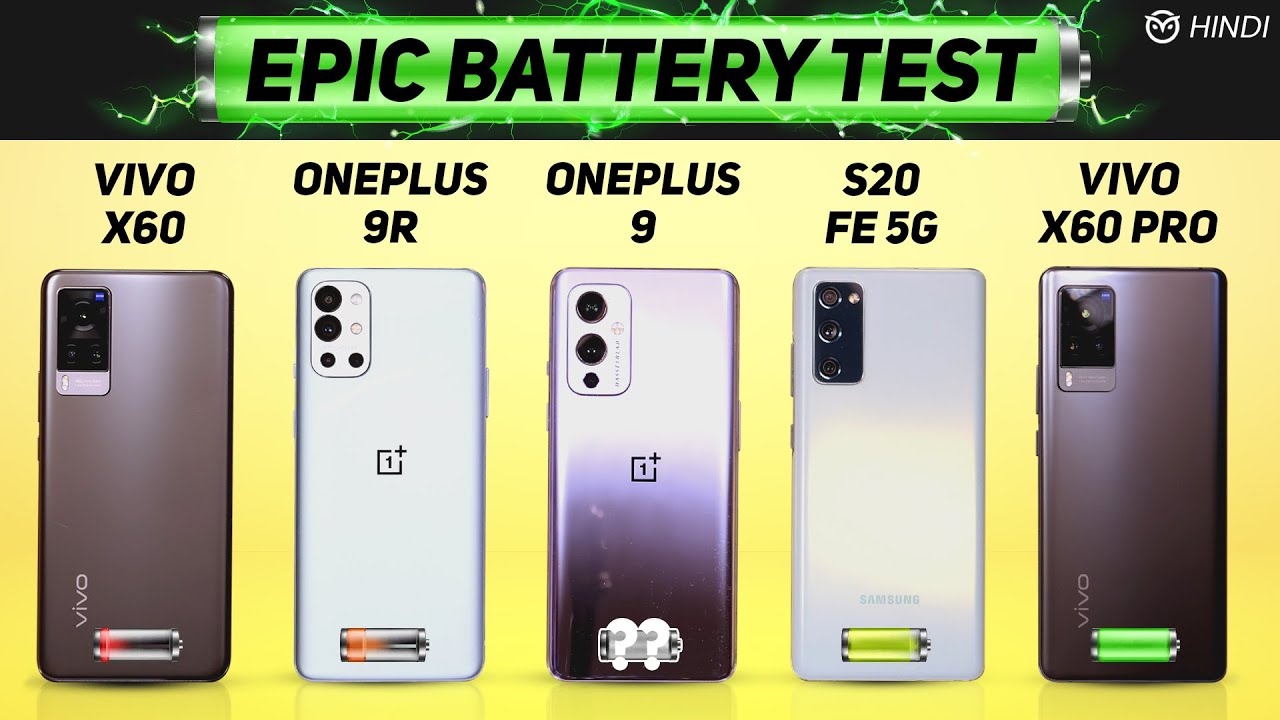 Samsung S20 FE 5G vs Oneplus 9, Vivo X60 vs Oneplus 9R Battery Drain Test | Charging | Gaming Test