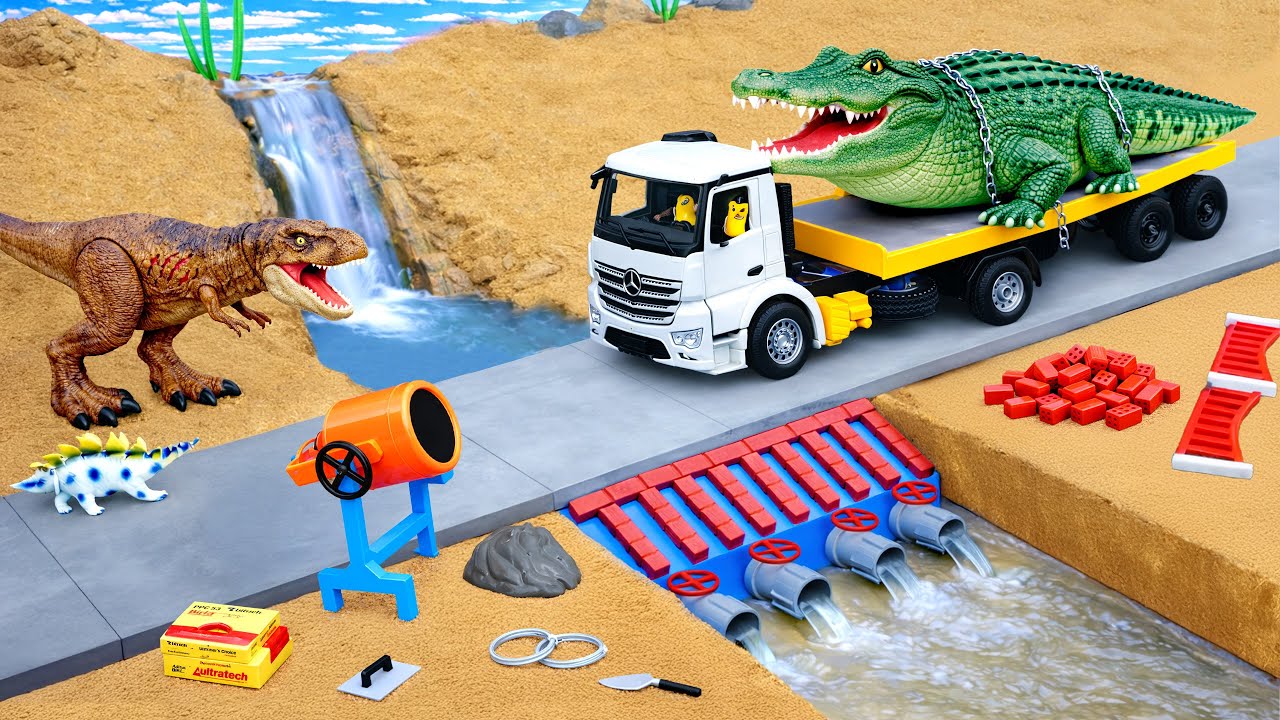 DIY Mini Tractor Builds a Bridge for a Crocodile Transport Truck After a Dinosaurs Attack 🐺