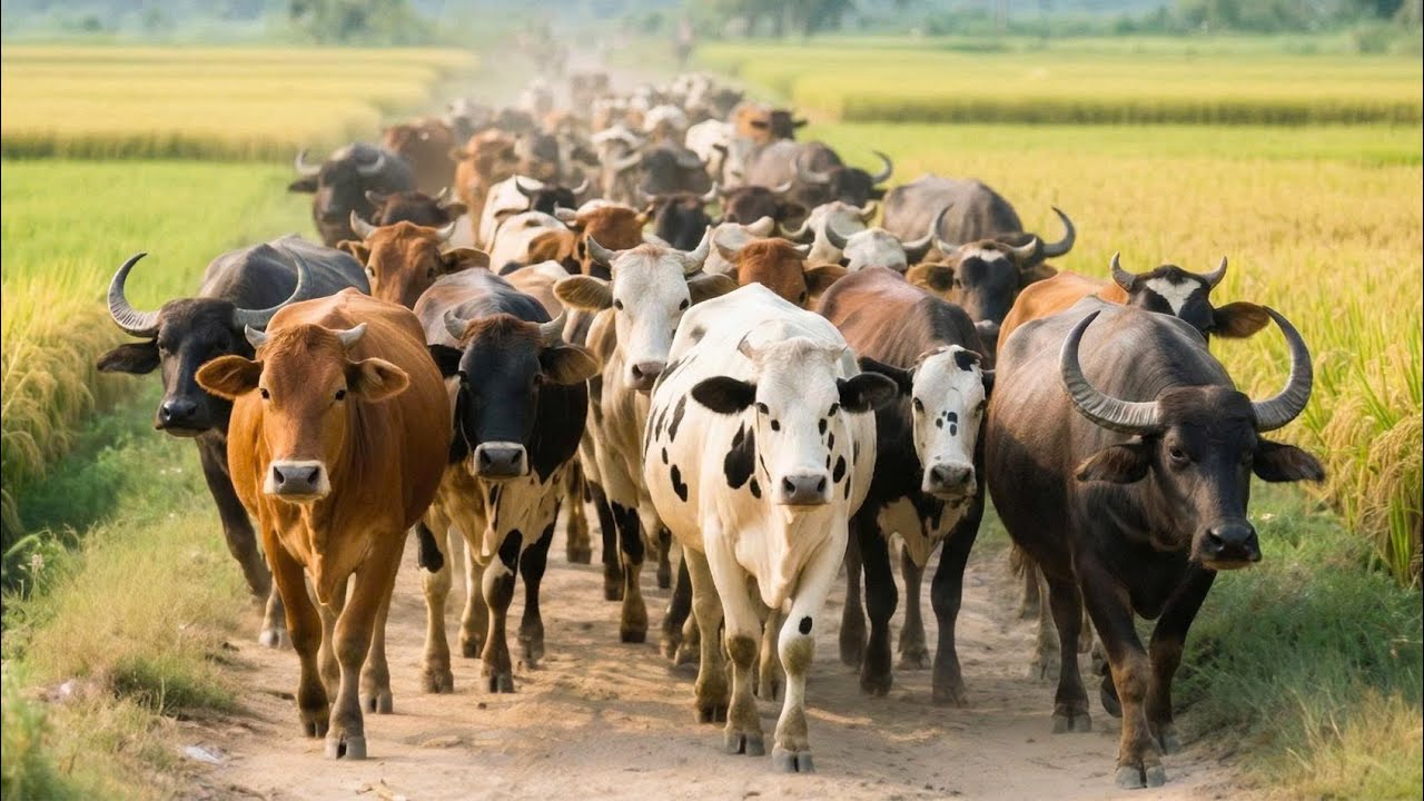 Herds of buffalo and cattle follow one another across the vast golden rice fields- Buffalo cow video