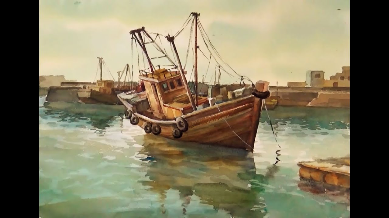 Акварельная живопись: рыбацкие лодки на море