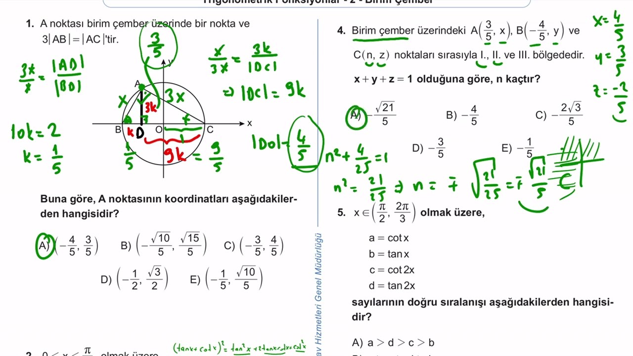 11. Sınıf Matematik Kazanım Kavrama Test 4 (Trigonometrik Fonksiyonlar - Birim Çember) Çözümler