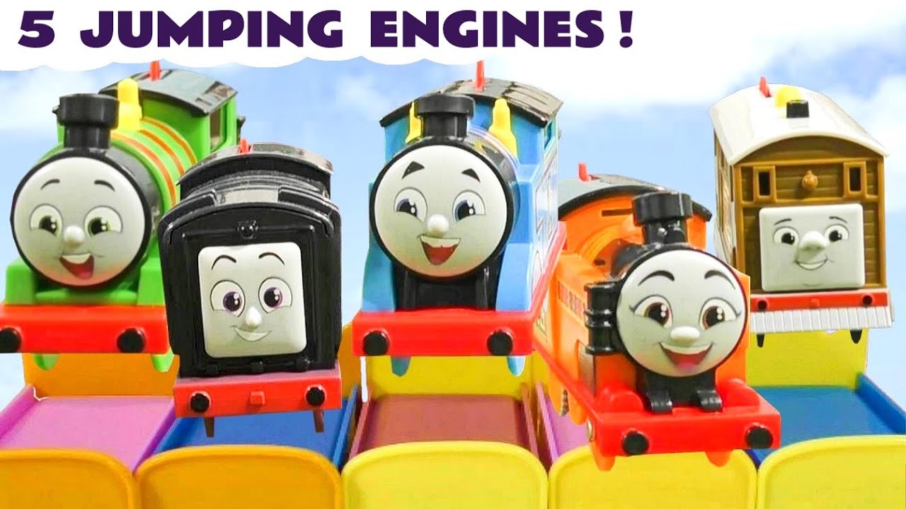 5 Little Toy Train Engines Jumping on the Bed Story