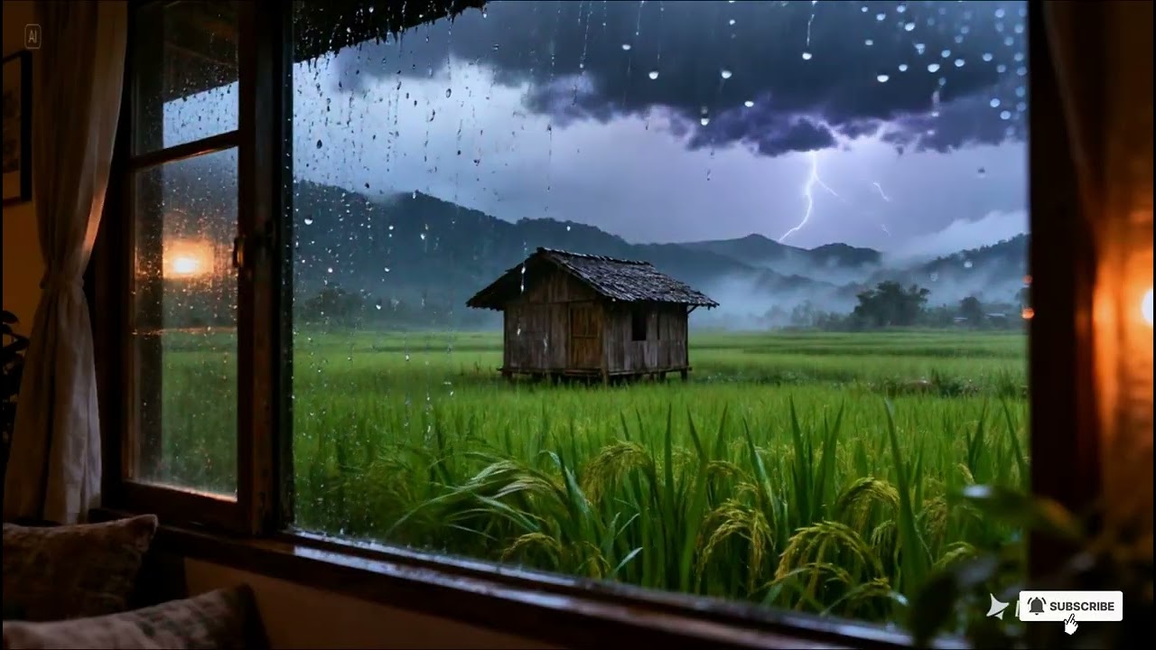 Rain Sounds on Window in Cozy Cabin | Thunder & Rice Field Ambience for Sleep, Relaxing 1 Hour