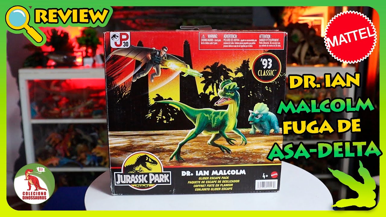 Fuga de Asa-delta do Dr.  Ian Malcolm com Dilofossauro 93' Classic Mattel Jurassic Park