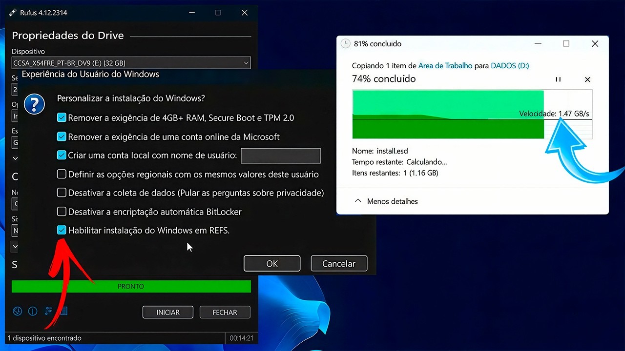 ADEUS NTFS, REFS é 94% + RÁPIDO! Novo RUFUS FINAL Instalando Windows 11 em REFS!