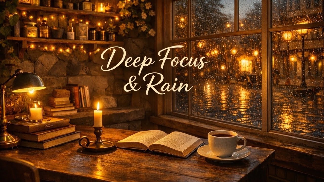 8 Hours Deep Focus & Rain | Cozy Library with Soft Rain | Study, Work, Reading
