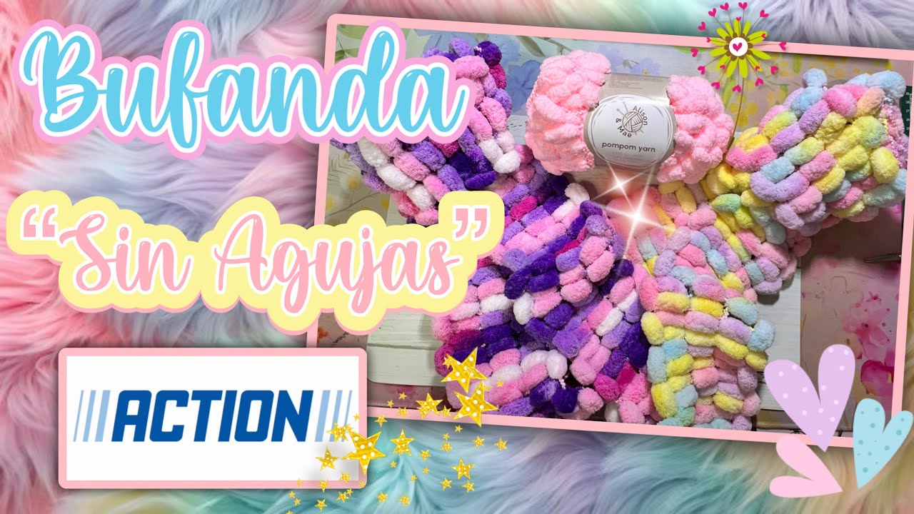 BUFANDA tejida con las MANOS con lanas de pompones del ACTION 🪡🧶