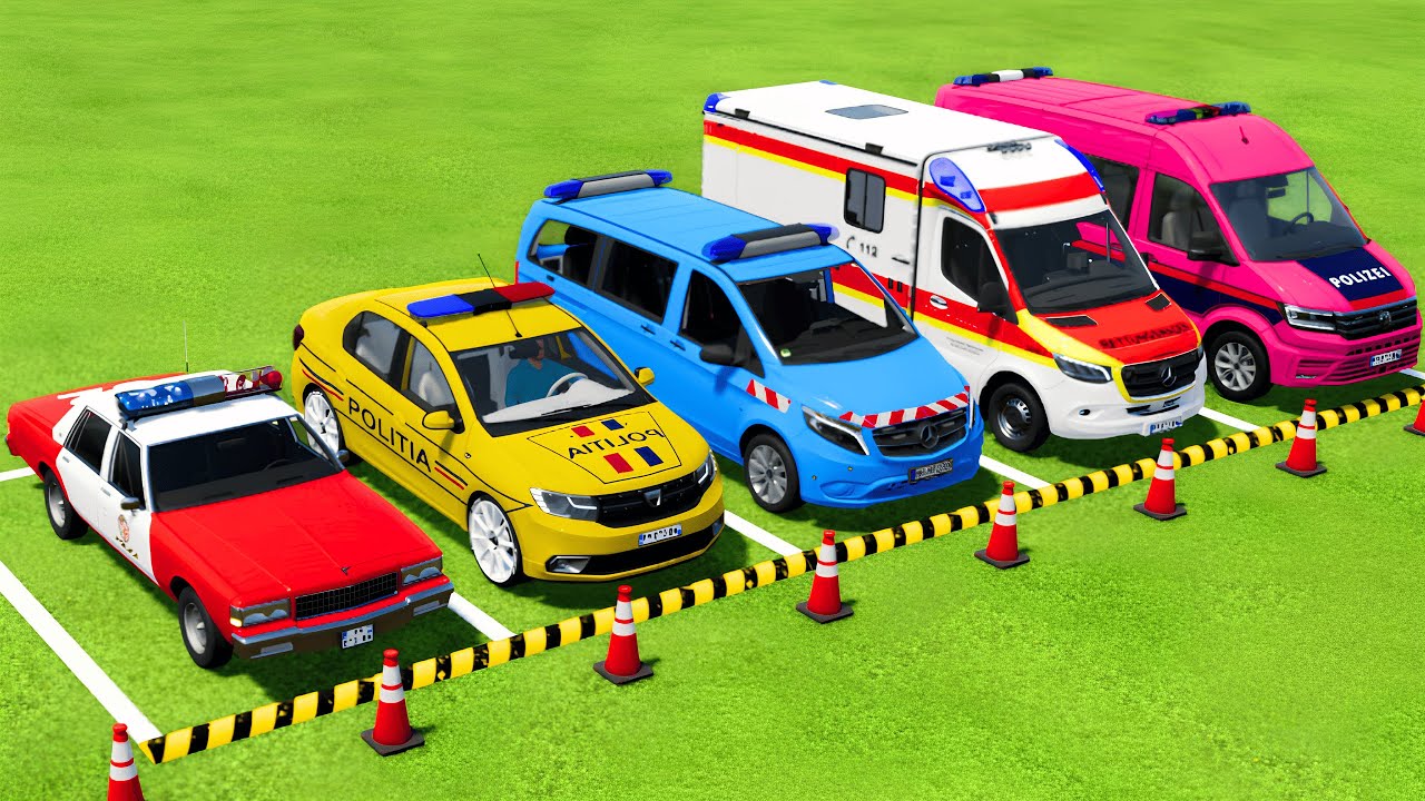 CHEVROLET, DACIA, VOLKSWAGEN POLICE CARS & MERCEDES AMBULANCE EMERGENCY VEHICLES TRANSPORTING ! FS22