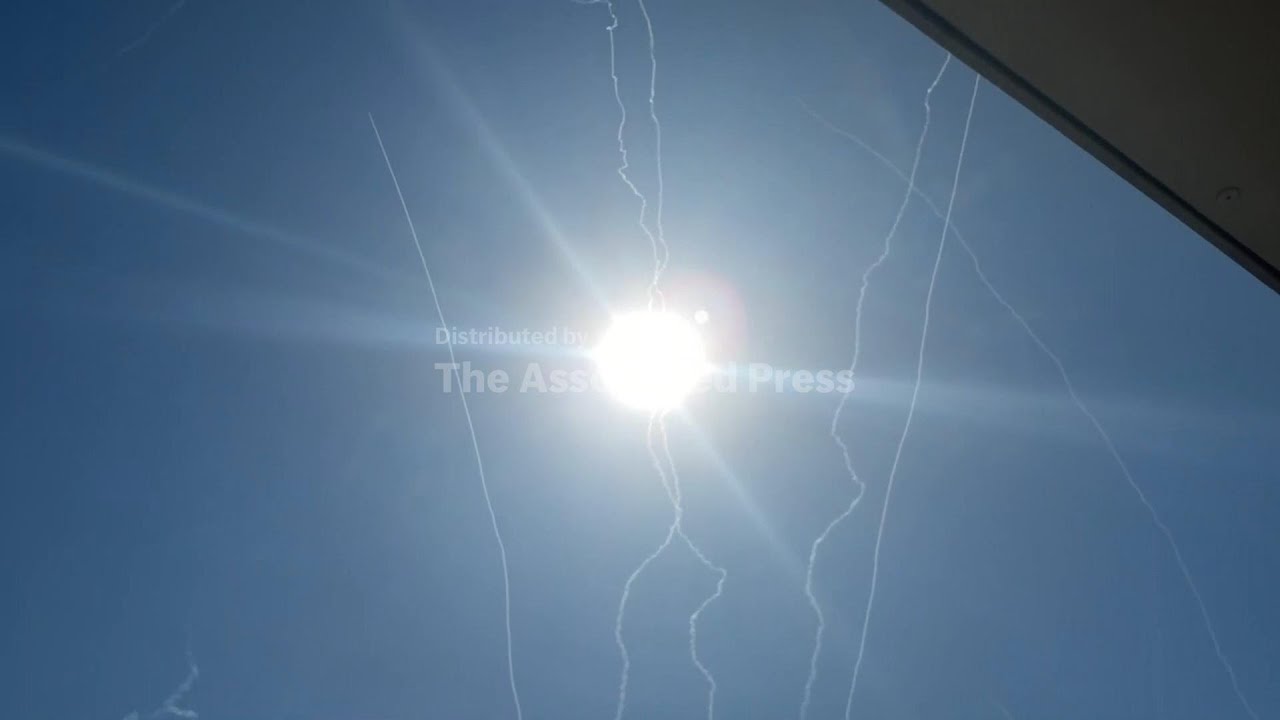 Interception trails visible in Tel Aviv area following Iranian missile attack