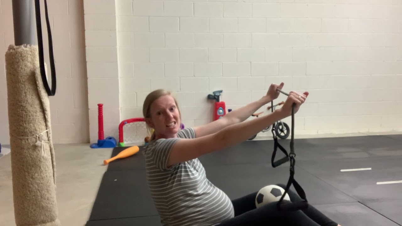Seated backwards lean + alternating band pull down/rotation