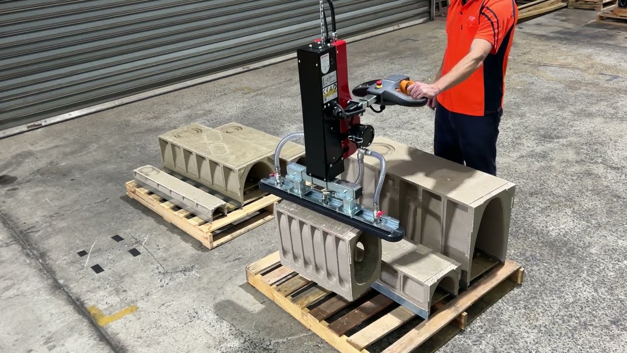 Vacuum lifter handling polycrete drain moulds
