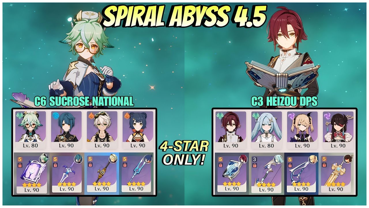 4 STAR ONLY! C6 Sucrose National & C3 Heizou DPS Spiral Abyss 4.5 Floor 12 | Genshin Impact