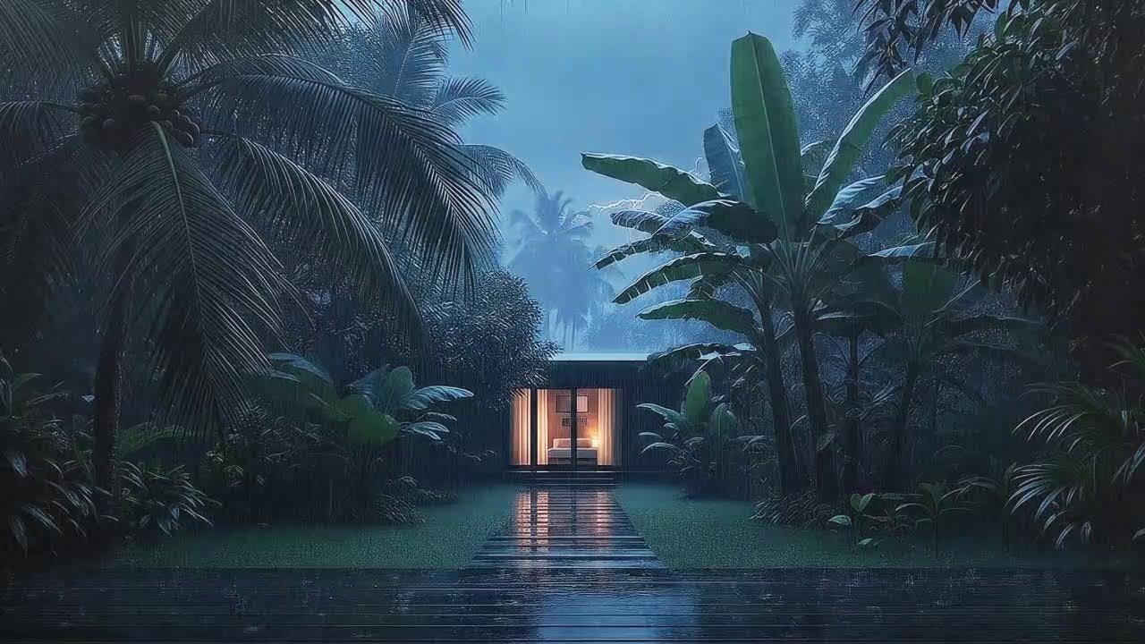 Drift to Sleep with Steady Rain and Low Thunder Echo at Wooden Cabin Terrace 🌧️
