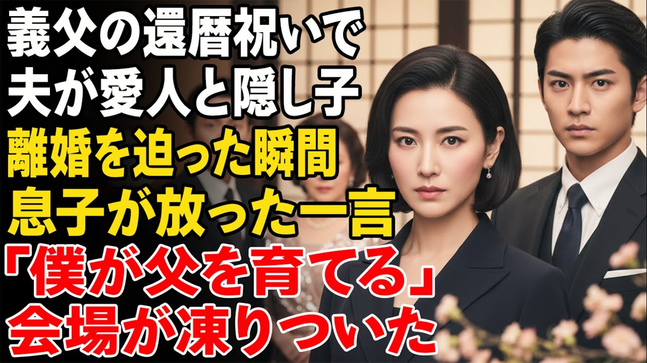 義父の還暦祝いの席で、夫は愛人と隠し子を連れ離婚を迫った。私は黙っていた——その時、息子が静かに言った。「これからは、僕が父を育てます」。部屋は凍りついた……。