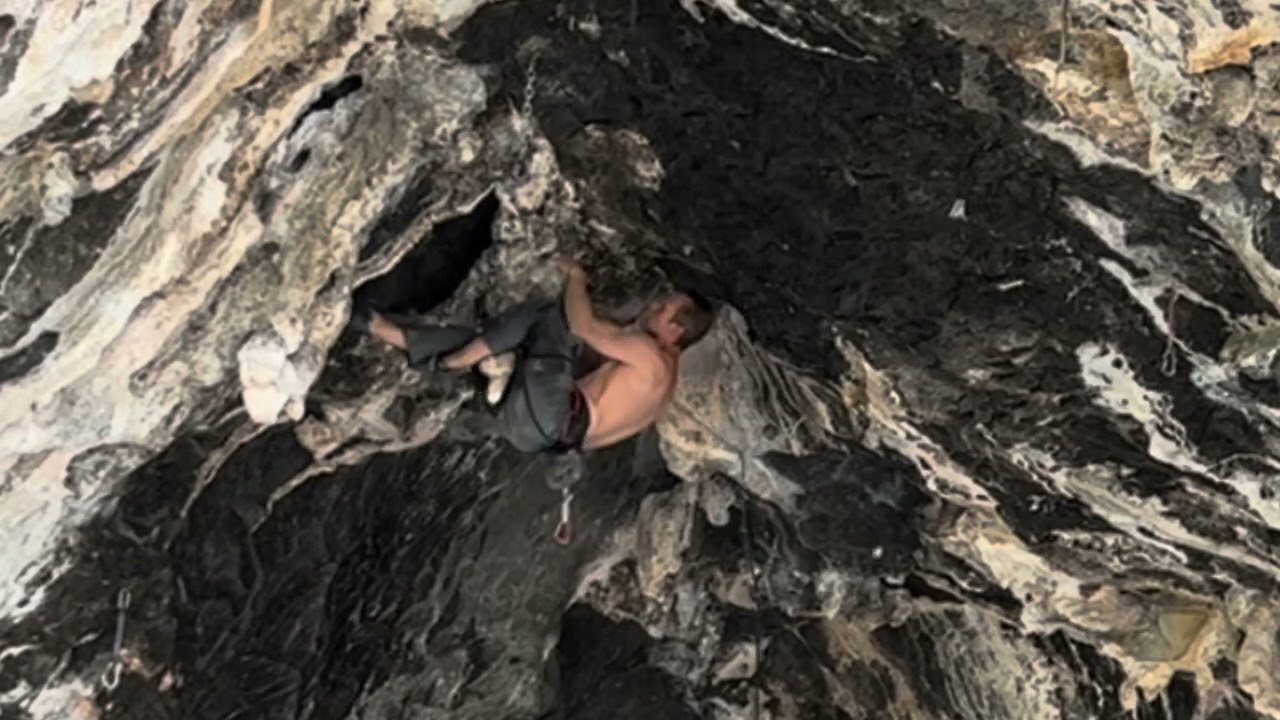 Techo del Tecolote 13a in El Salto, Mexico.  Upside down cave climbing.