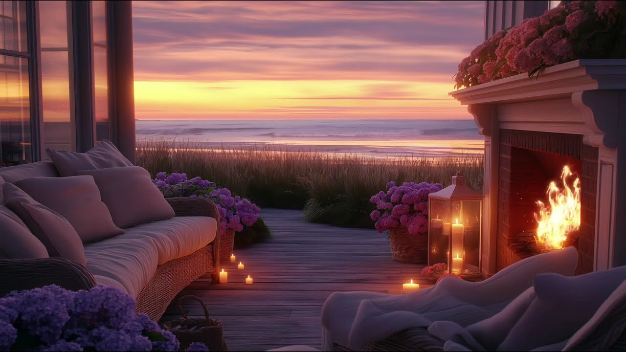 Cozy Ocean Porch Ambience | Fireplace Crackling & Summer Night ASMR for Relaxation  & Focus