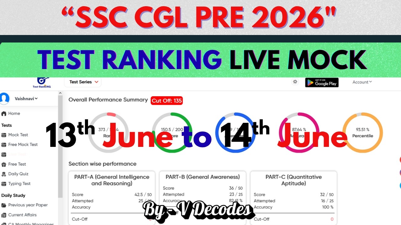 TEST RANKING Live Mock Today | 13th June to 14th June🎯 | Eduquity Based Pattern | #ssccgl2026