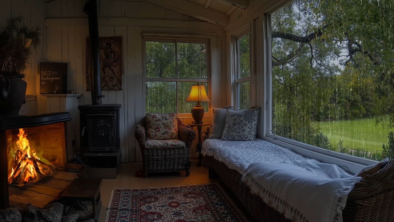 Cozy Cabin Ambience in the Rain Forest | Crackling Fireplace & Rain Sounds for Sleeping & Relaxing