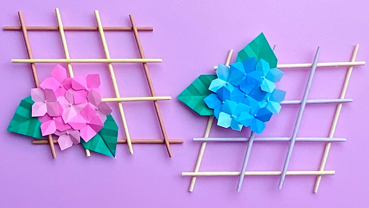 折り紙で作る紫陽花の壁掛け／【Paper】Hydrangea wall hanging