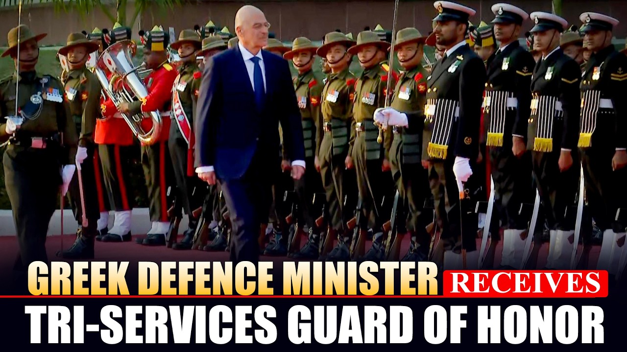 Greek Defence Minister Nikos Dendias inspects Tri-Services Guard of Honour | Rajnath Singh