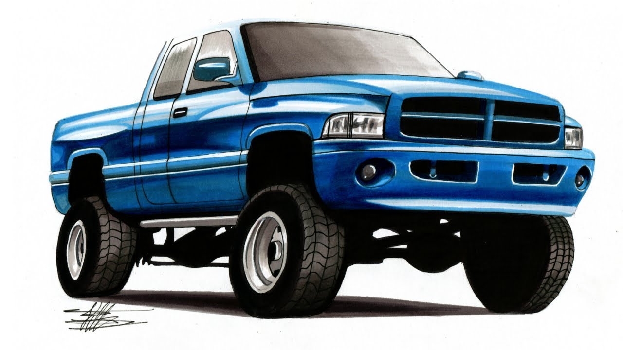 Realistic Car Drawing - Lifted Dodge Ram - Time Lapse