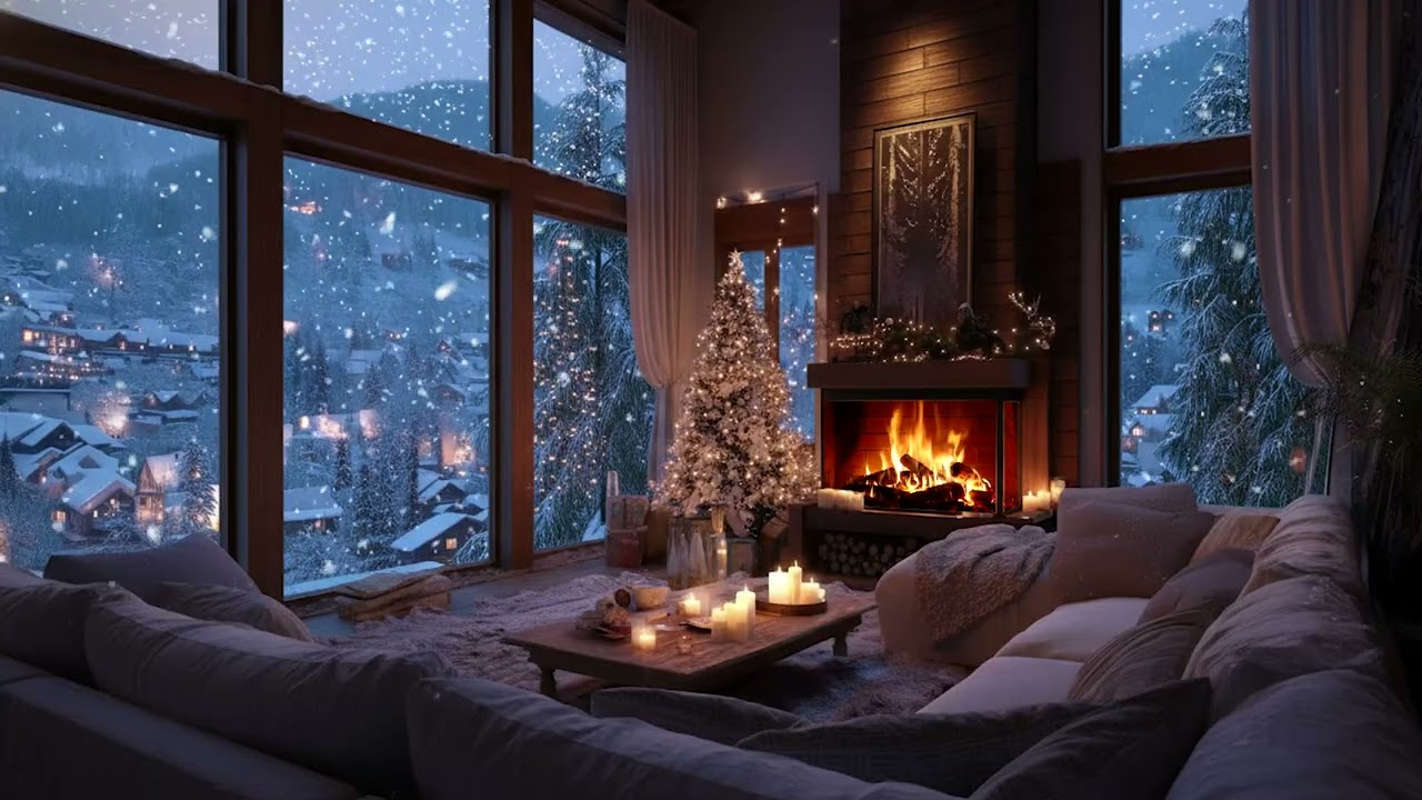 Winter Cabin Night with Soft Piano | Firelight Glow and Falling Snow