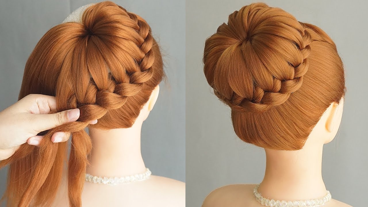 French Braid Bun Hairstyle For Wedding Guest - Lace Fishtail High Bun
