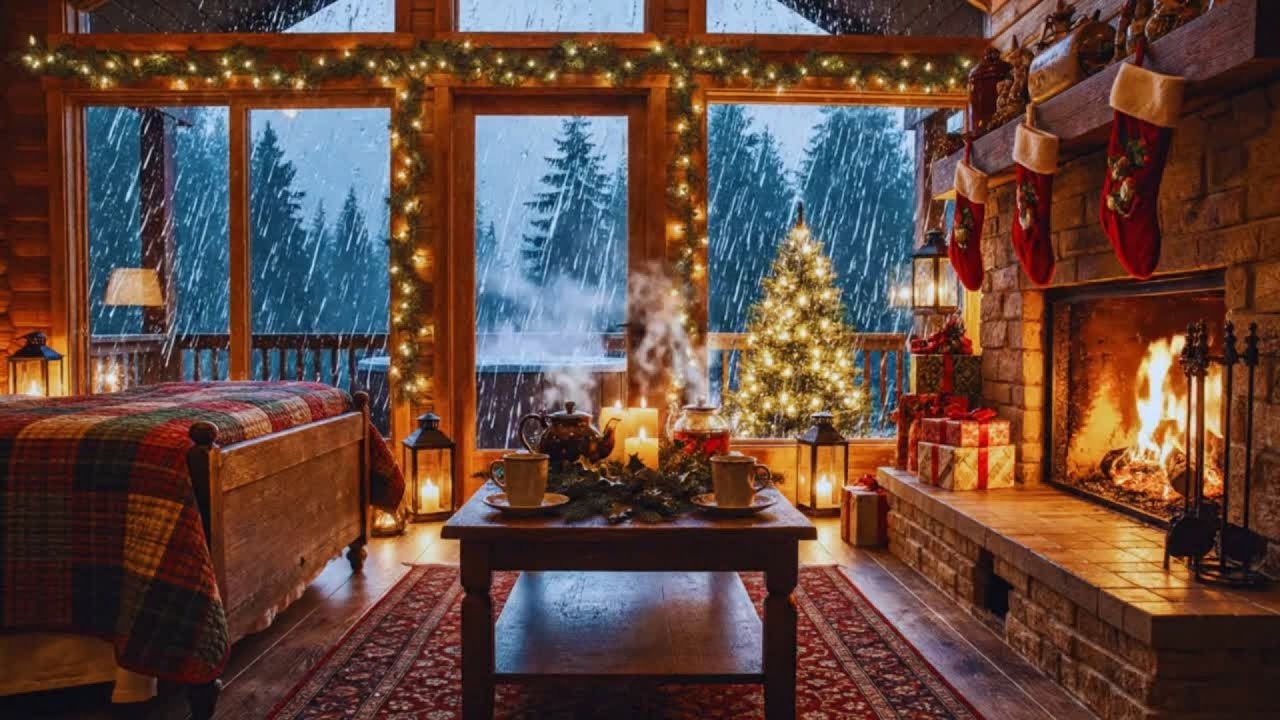 Warm Christmas Cabin Ambience 2025 🎄 Smooth Jazz, Rain & Fireplace Sounds for Sleep & Study