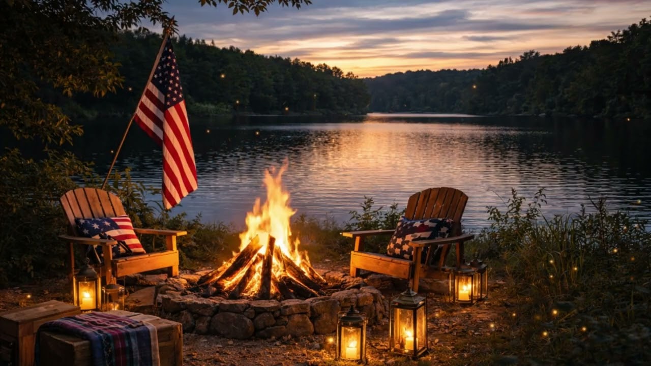 Patriotic Lakeside Bonfire Ambience | Crackling Fire, Crickets & Gentle Lapping Water | 3 Hours