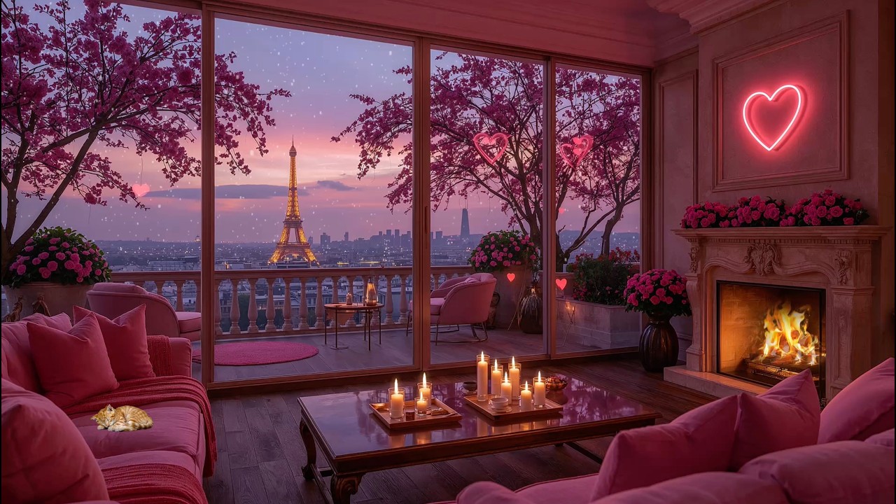 🌸💕❄️ Valentine’s Cozy Jazz 💗 Pink Fireplace Ambience with Eiffel Tower View
