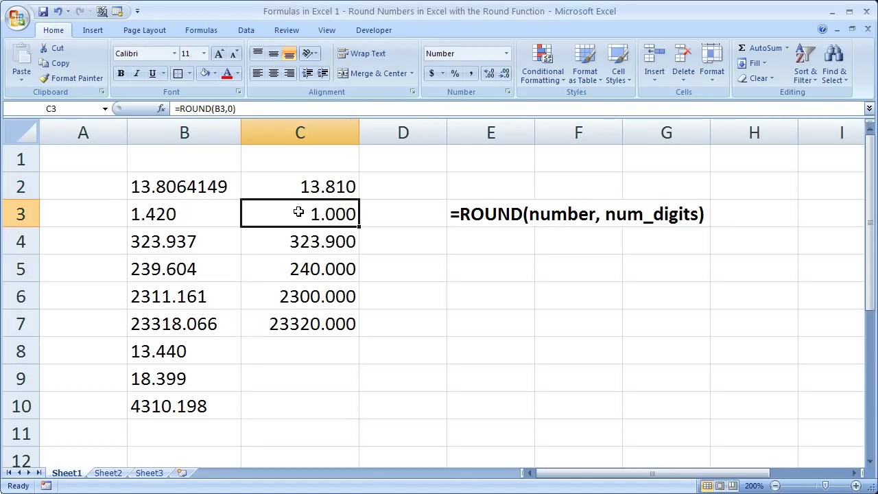 Formulas in Excel 1 - Round Numbers in Excel with Round Function to the Nearest Decimal or Integer