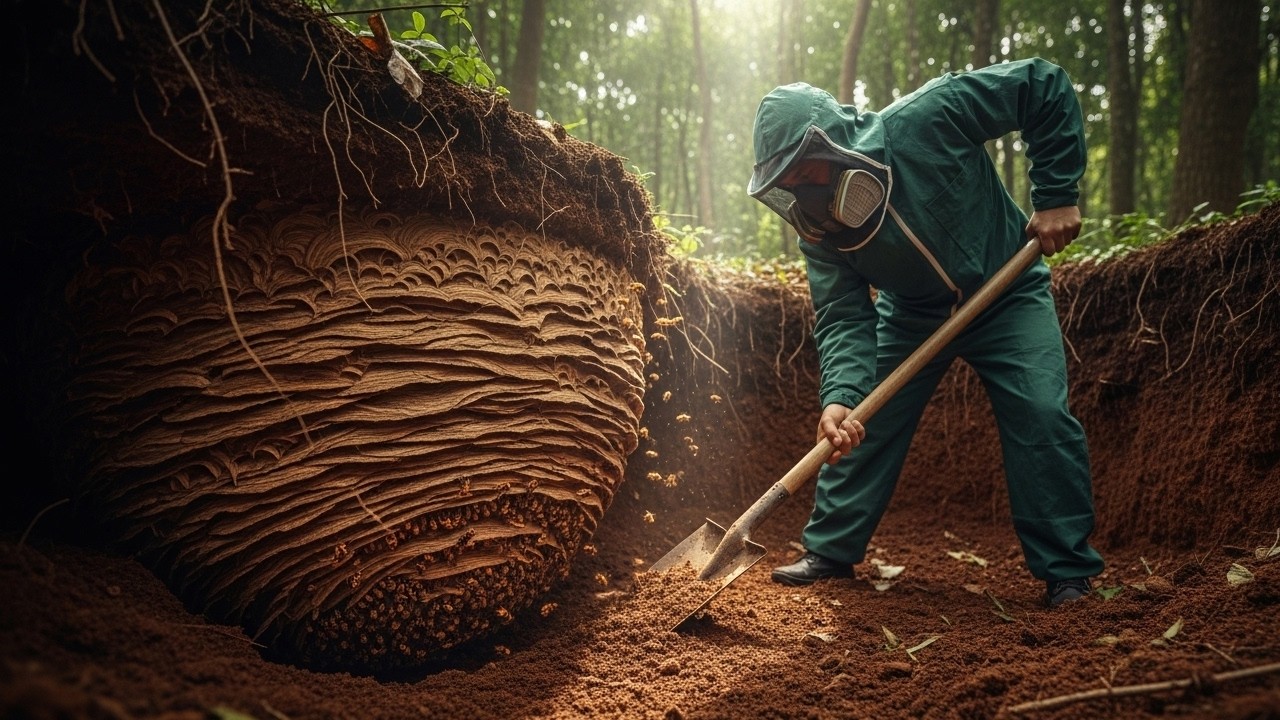 Hunting Giant Hornets: Unearthing the Giant Hornet Hive Beneath the Forest Soil