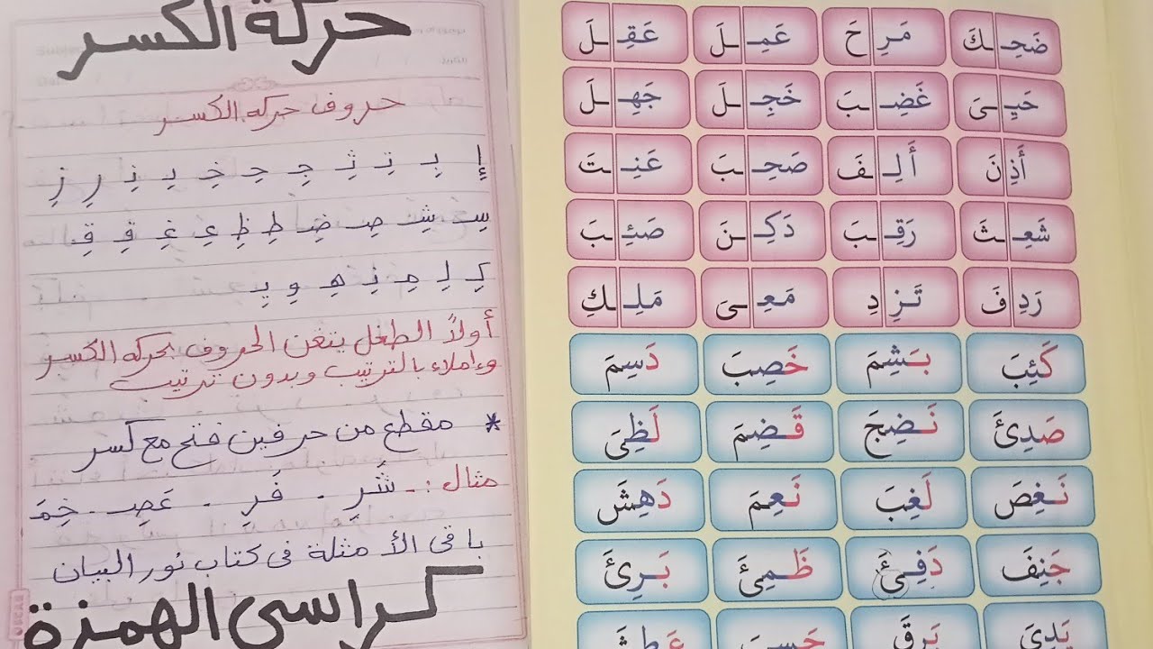 شرح حركة الكسر بطريقه مبسطه للطفل ومعرفه كراسى الهمزه وازاى يقرأ ويكتب بكل سهوله