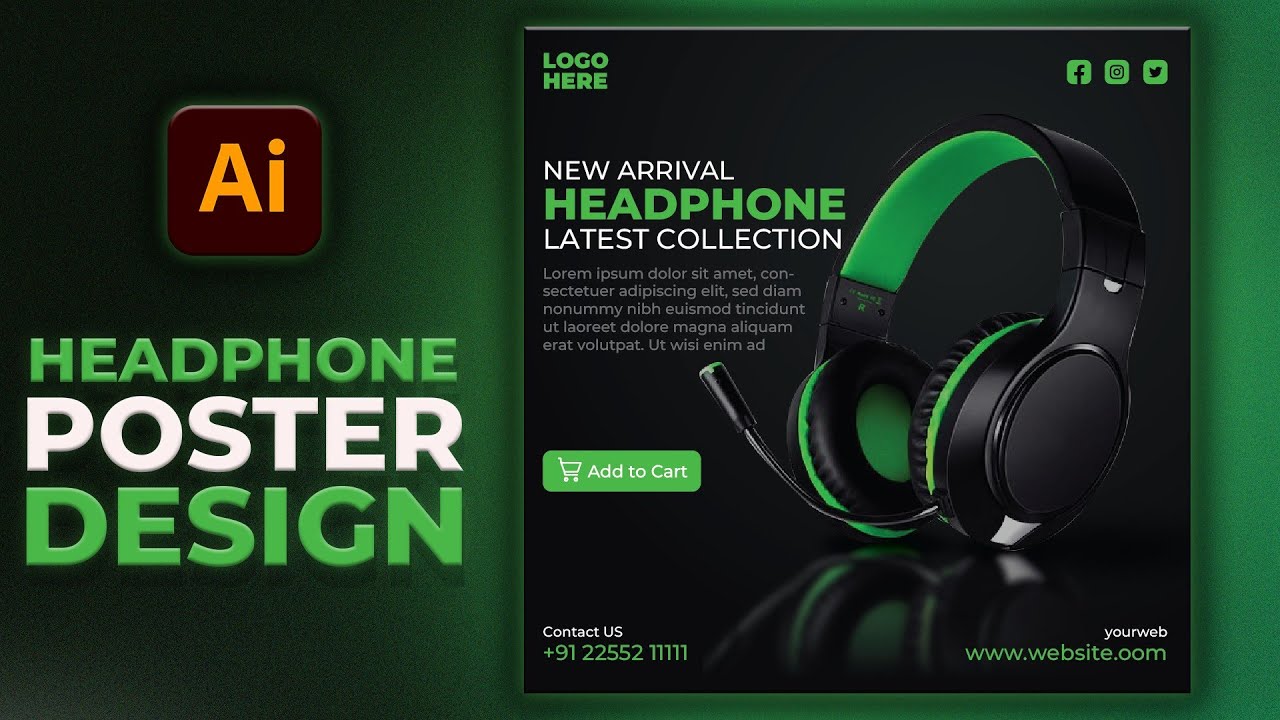 Illustrator CC Tutorial | Graphic Design | Social Media Headphone Advertising Poster Design 🎧⚡