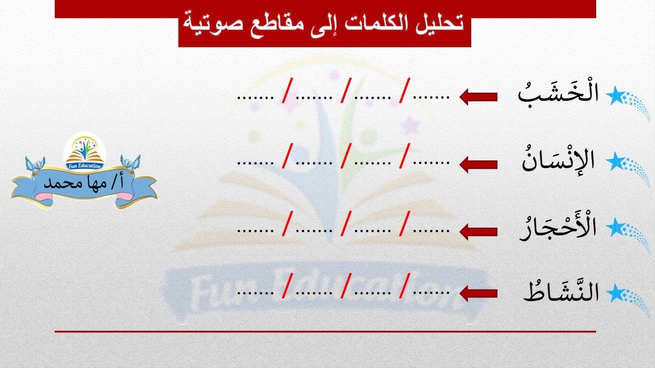 تحليل الكلمات إلى مقاطع صوتية ( ثم/ يبقى/ الحب/ شعارًا/ الخشب/ الإنسان/ الأحجار/ النشاط/ المخلوقات )
