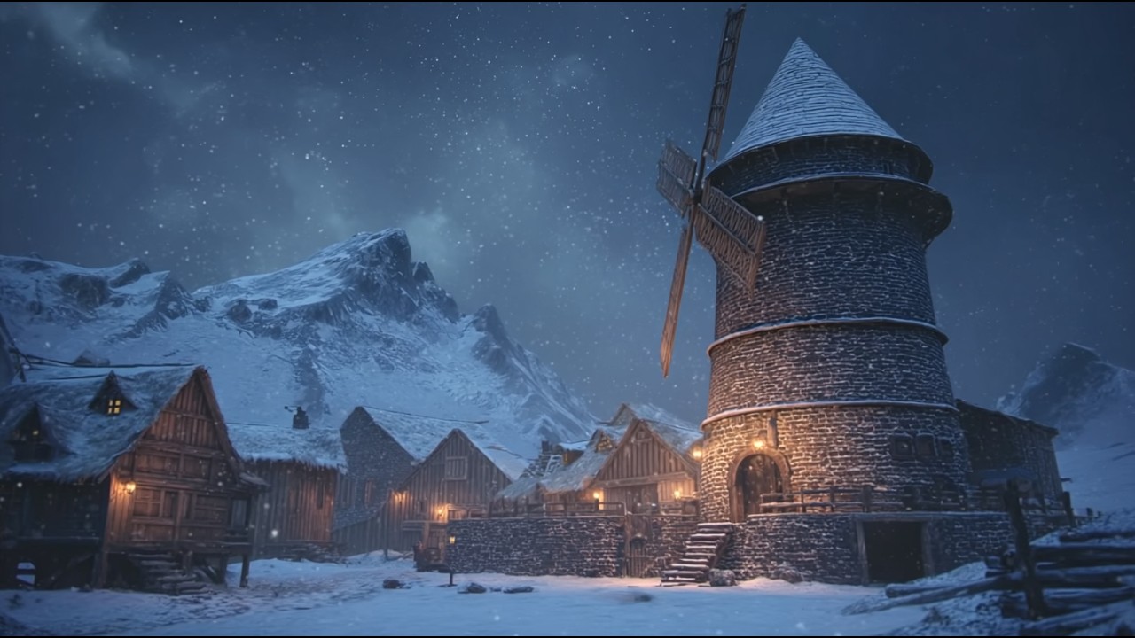 Howling Winds and Heavy Snowstorm Sounds in an Old Village. Cold Atmosphere of Night Blizzard.