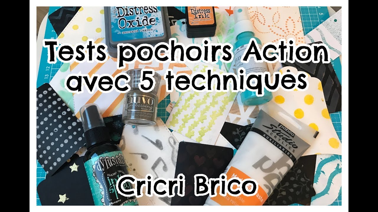 Tests pochoirs Action avec 5 techniques scrapbooking