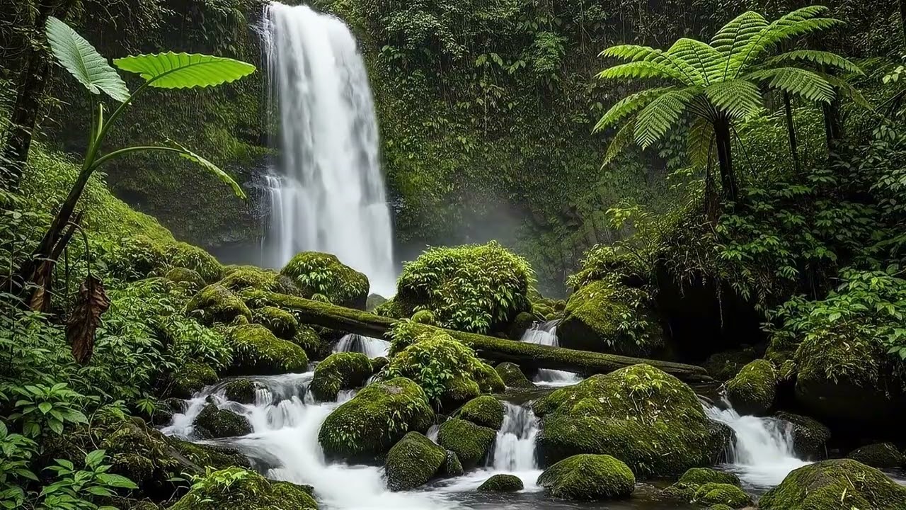 Calm Tropical Forest Waterfall Sounds | Nature Sounds for Relaxation, Sleep, and Study