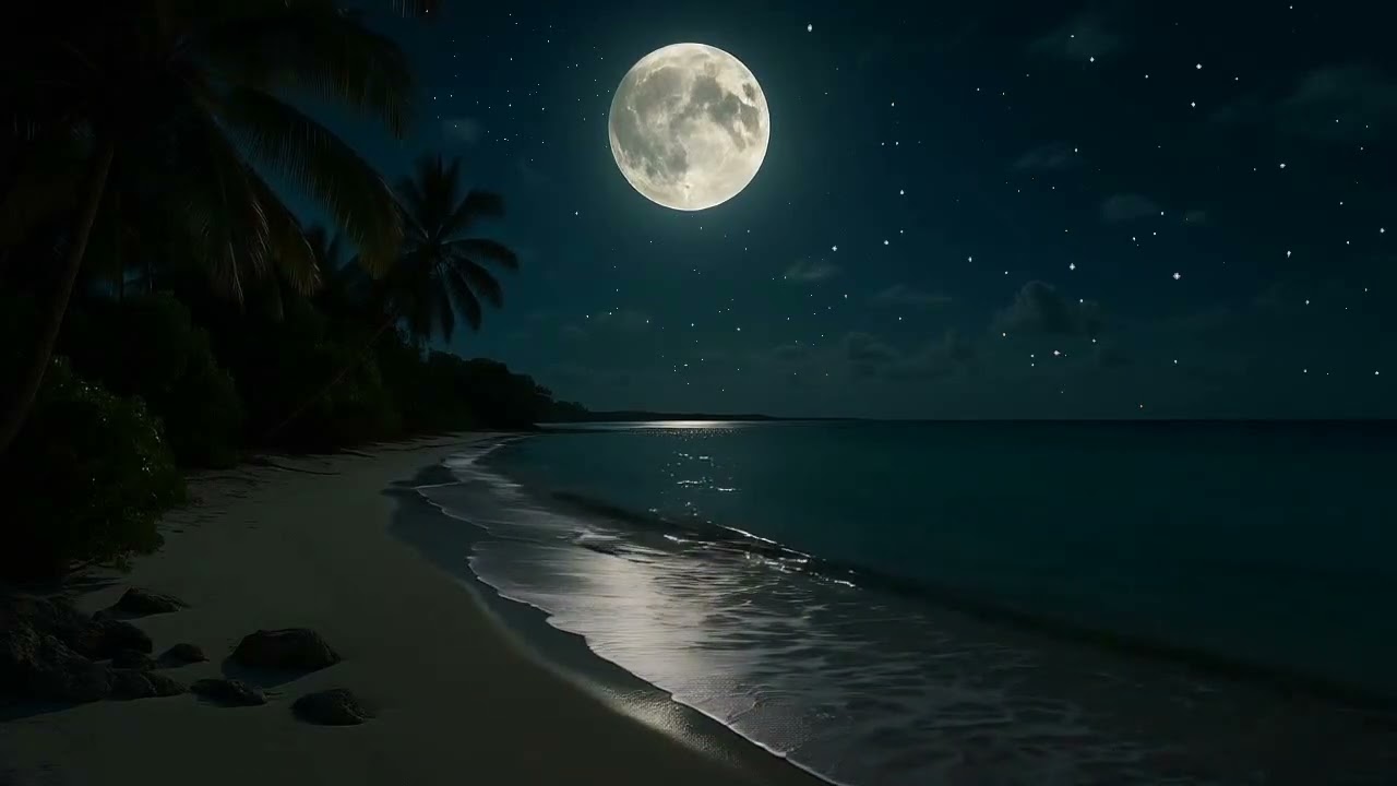 Tropical Beach at Night with Full Moon | Relax & Sleep Deeply with Calming Ocean Wave Sounds 8 Hours