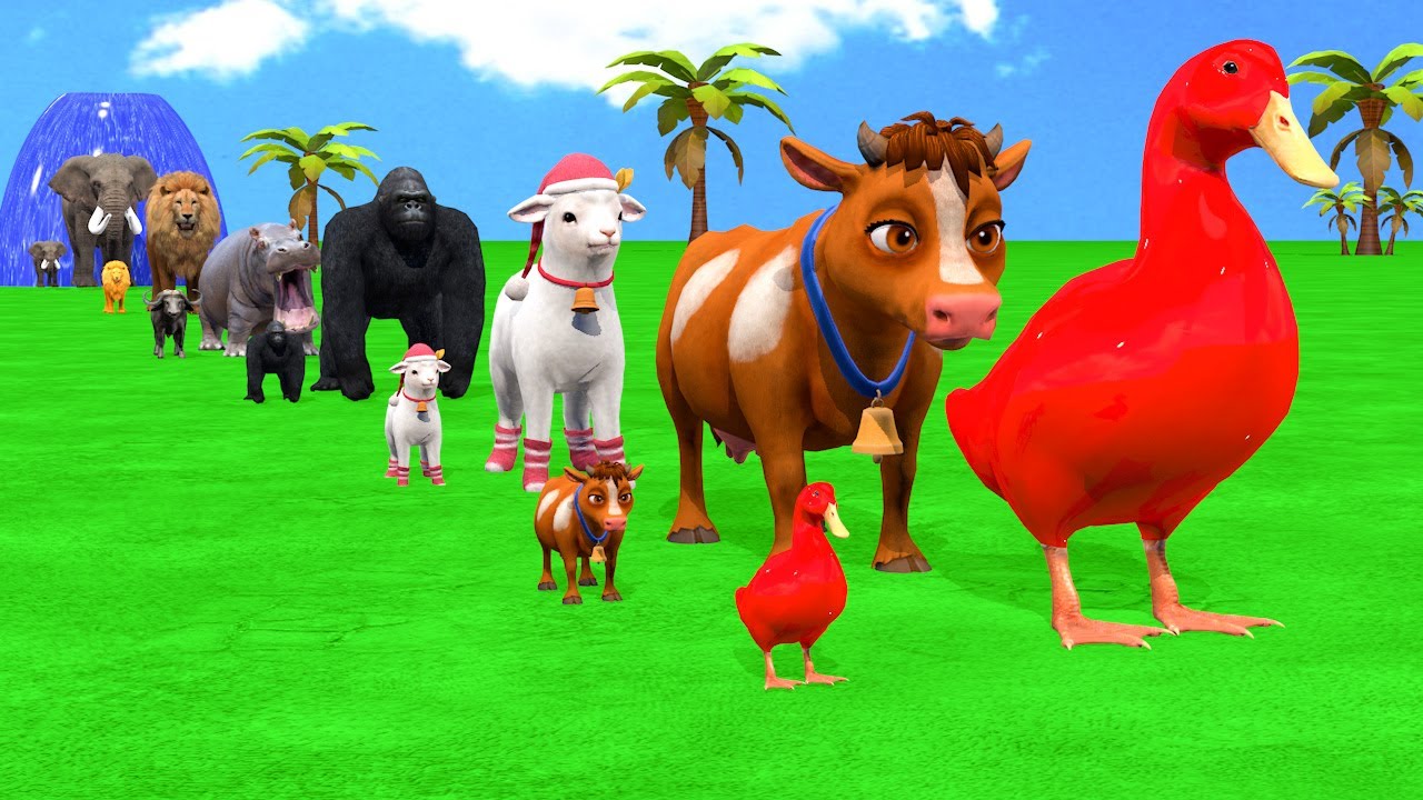 Long Slide Game With Cow Elephant Gorilla Hippopotamus Tiger - 3d Animal Game - Funny 3d Animals