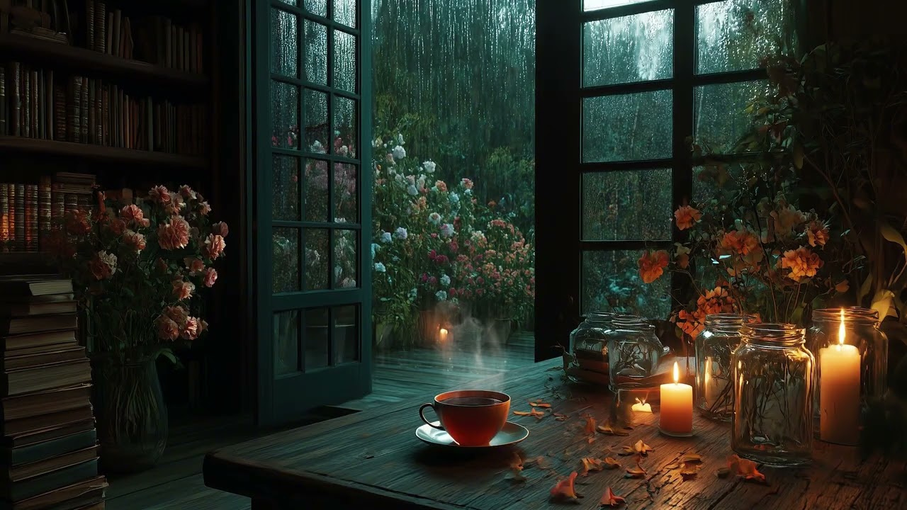 Cozy Rainy Library Night: Window Rain, Tea & Candlelight for Deep Focus, Reading and Sleep